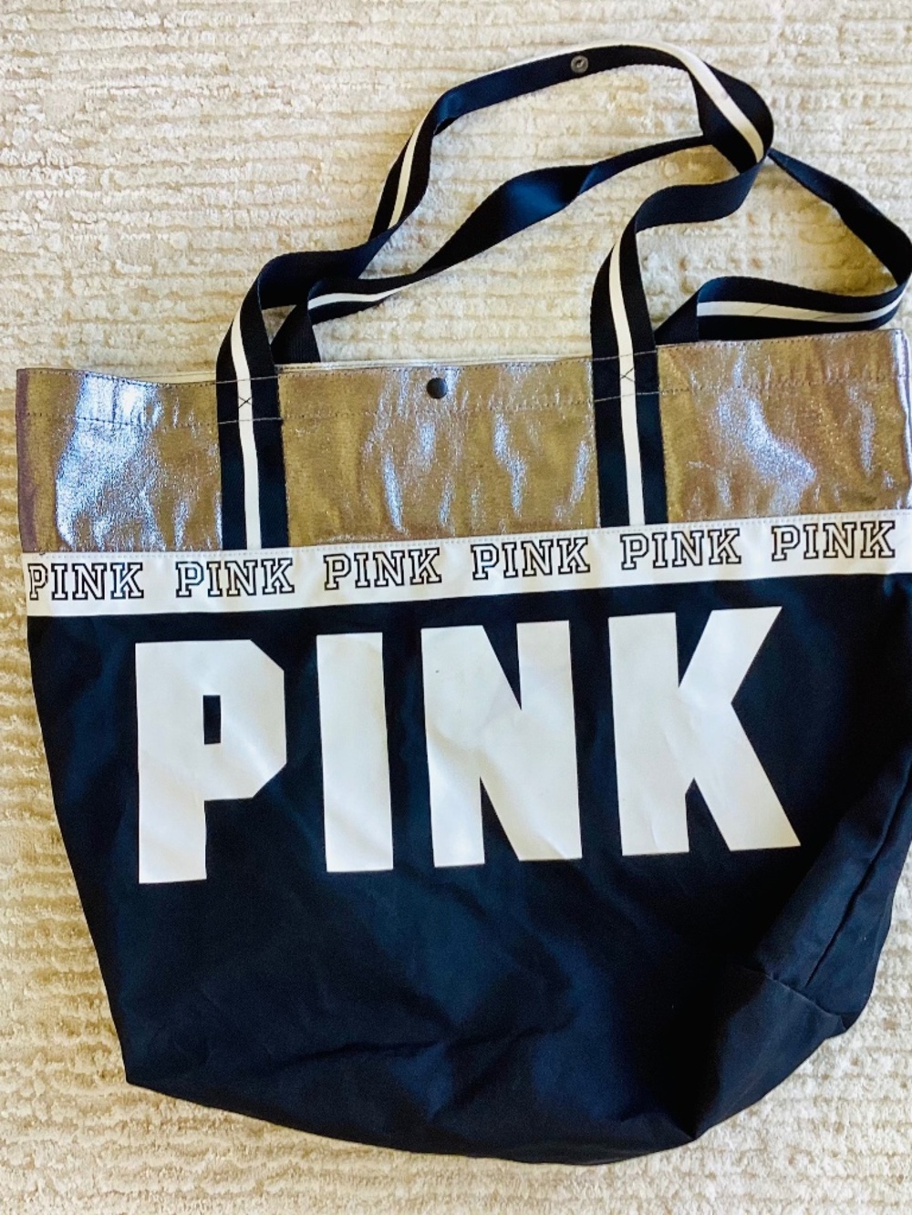 Victoria Secret Pink Bling 20" x 15" Large Tote Weekender Bag Black Silver Logo